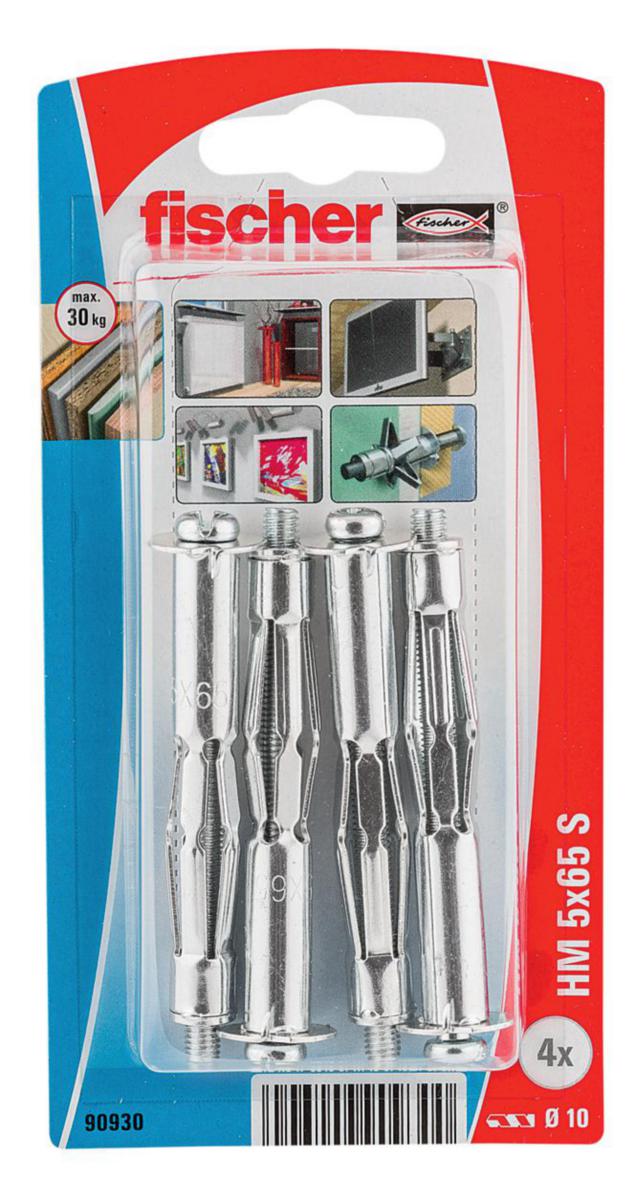 Gipsplateanker fischer HM elforzinket - Gipsplateanker 5X65 HM m/skrue a 4stk platet. 17-34mm BK