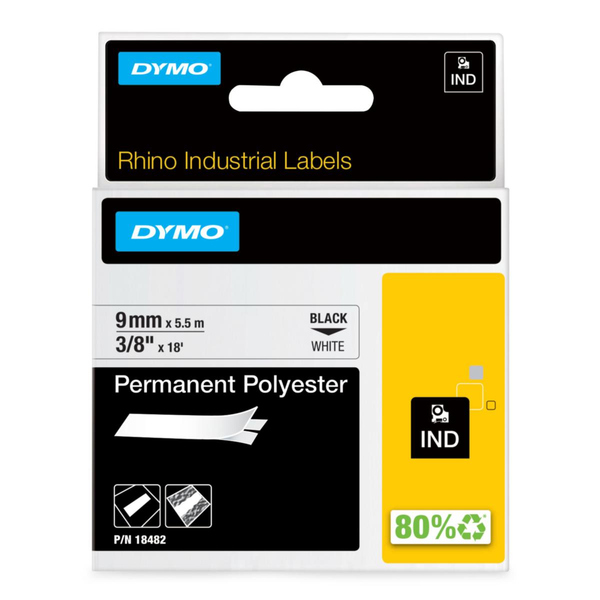 Merkebånd Dymo Rhino industri permanent polyester - Merketape Rhino IND Dymo 9mm hvit polyester