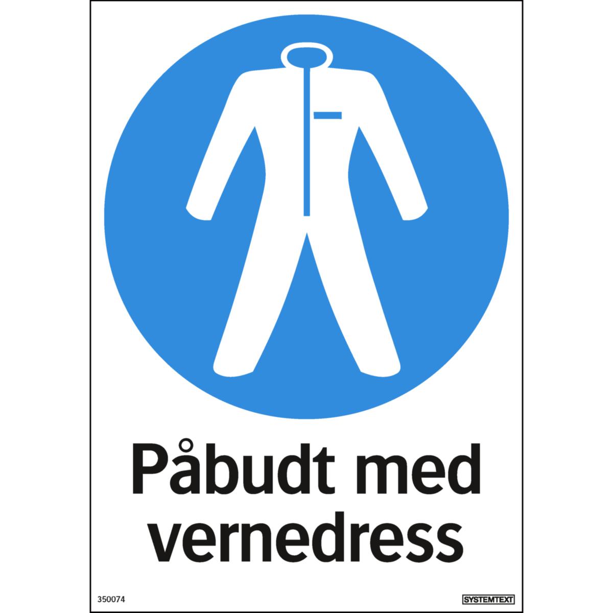 Skilt Systemtext "Påbudt med vernedress" - Skilt Påbudt med vernedress Systemtext 210x297mm Plast