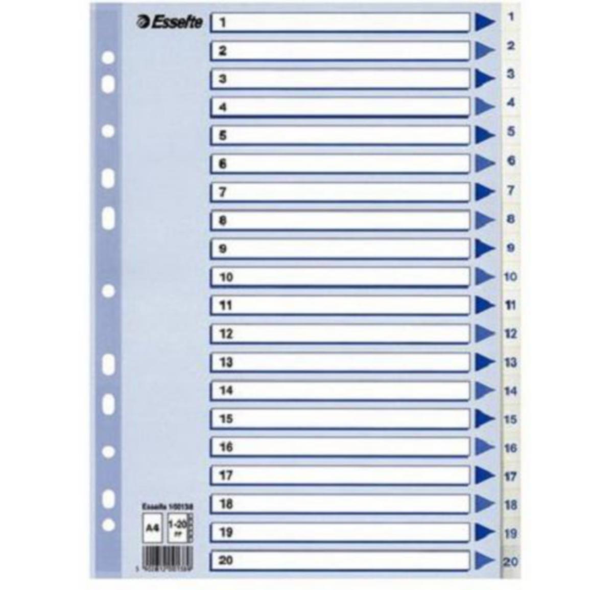 Register Esselte® - Register 1-20 A4 Esselte Plast 100138 Blå/Hvit