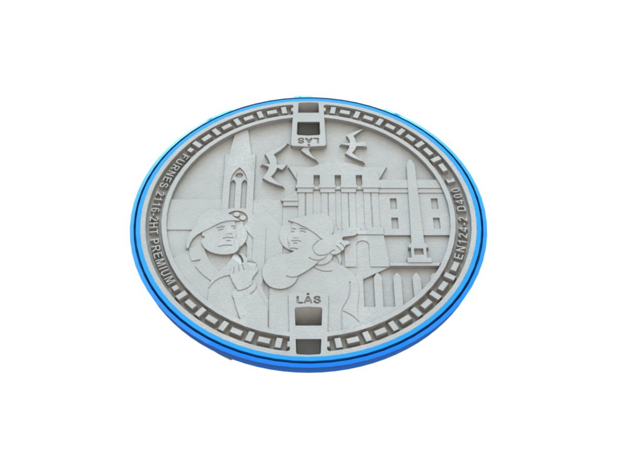 Kumlokk Premium 2116HT, med Haugesund logo, Furnes - Furnes 650 Premium lokk 2116HT blå pakn. lås. Logo Haugesund