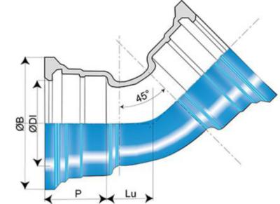 DN 400 x 45° dobbelt muffebend Tyton m/pakning Blå epoxy