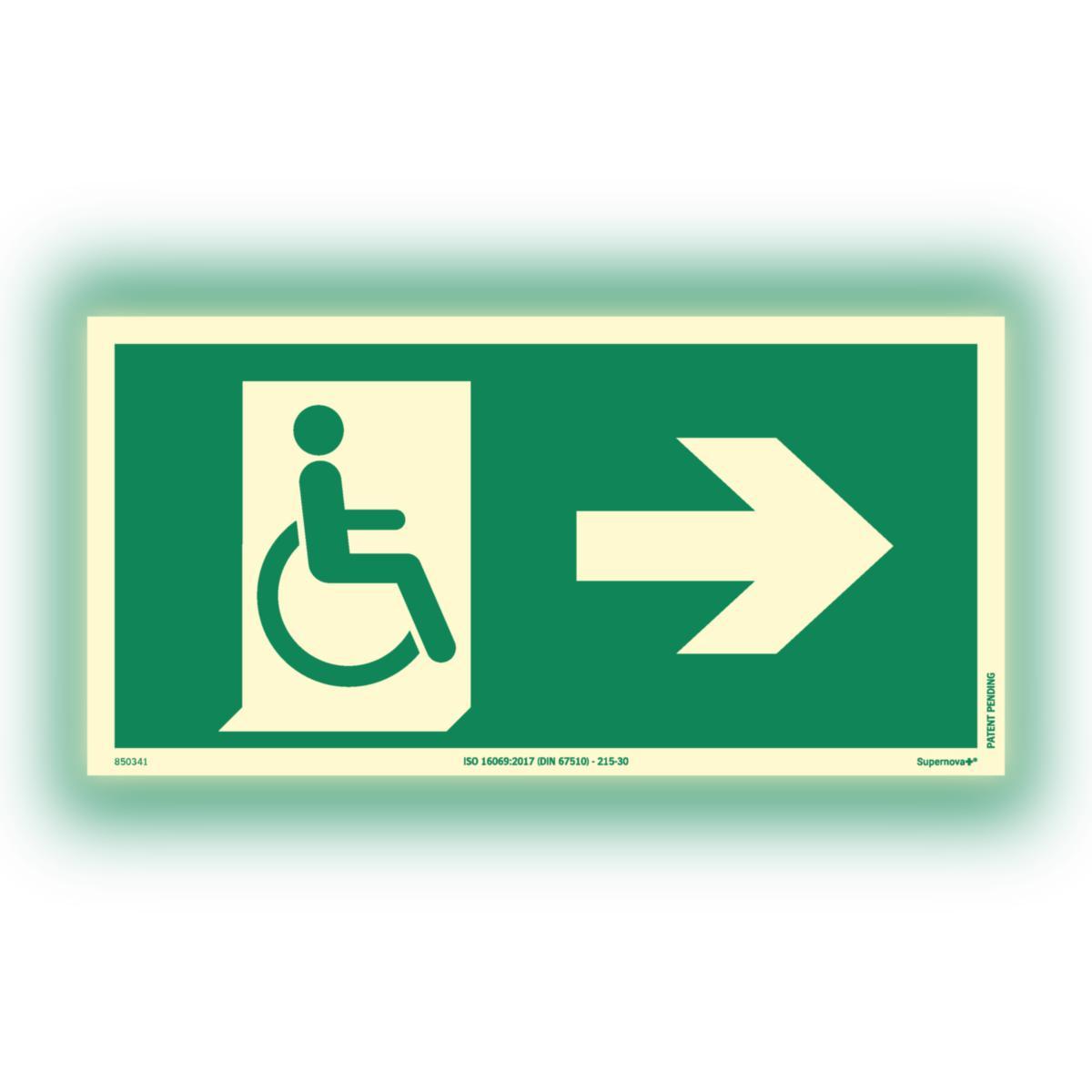 Skilt Systemtext Supernova+® Rømningsvei til høyre for funksjonshemmede - Skilt Supernova+ Rømning HC Systemtext 300x150mm høyre