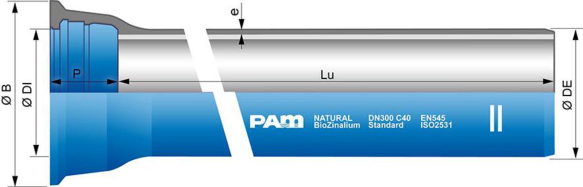 Støpejernsrør Duktilt 1-kamret Natural BioZinalium, PAM - DN400 duktilt rør 1-kamret C30 Standard, Natural BioZinalium